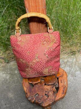 Pink Silk Floral Brocade Bag with Bamboo Handles-OS